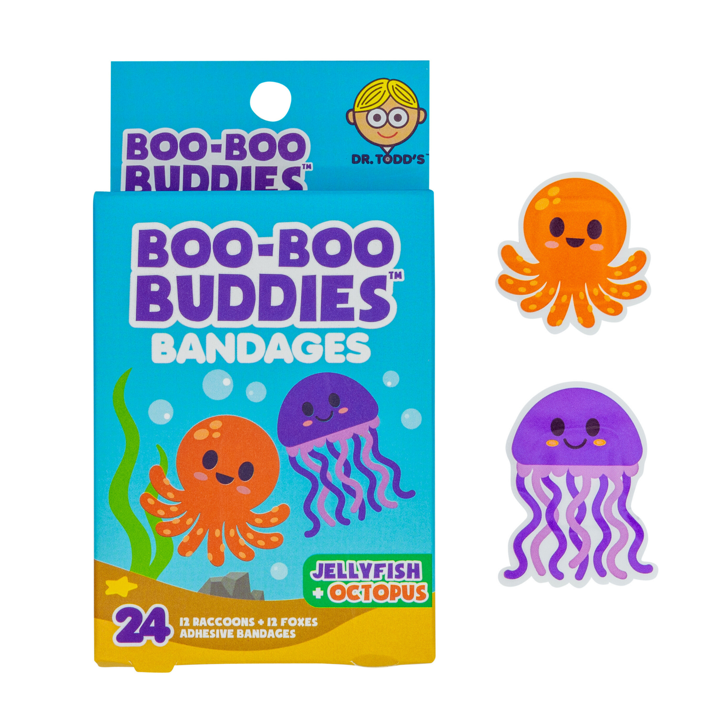 Dr. Todd’s Boo-Boo Buddies® Octopus and Jellyfish Bandages – 24-count ocean animal-themed bandages for kids
