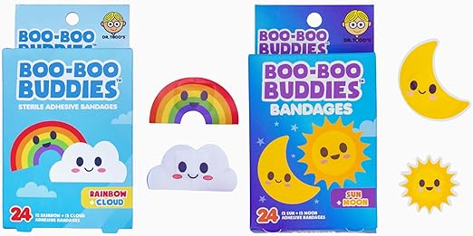 2-Pack Boo Boo Buddie Rainbow & Cloud + Sun & Moon Shape Bandages – 48 Ct | Fun Adhesive Bandages for Kids | Waterproof, Latex-Free, First Aid Supplies for Sensitive Skin, Colorful Bandages for Children