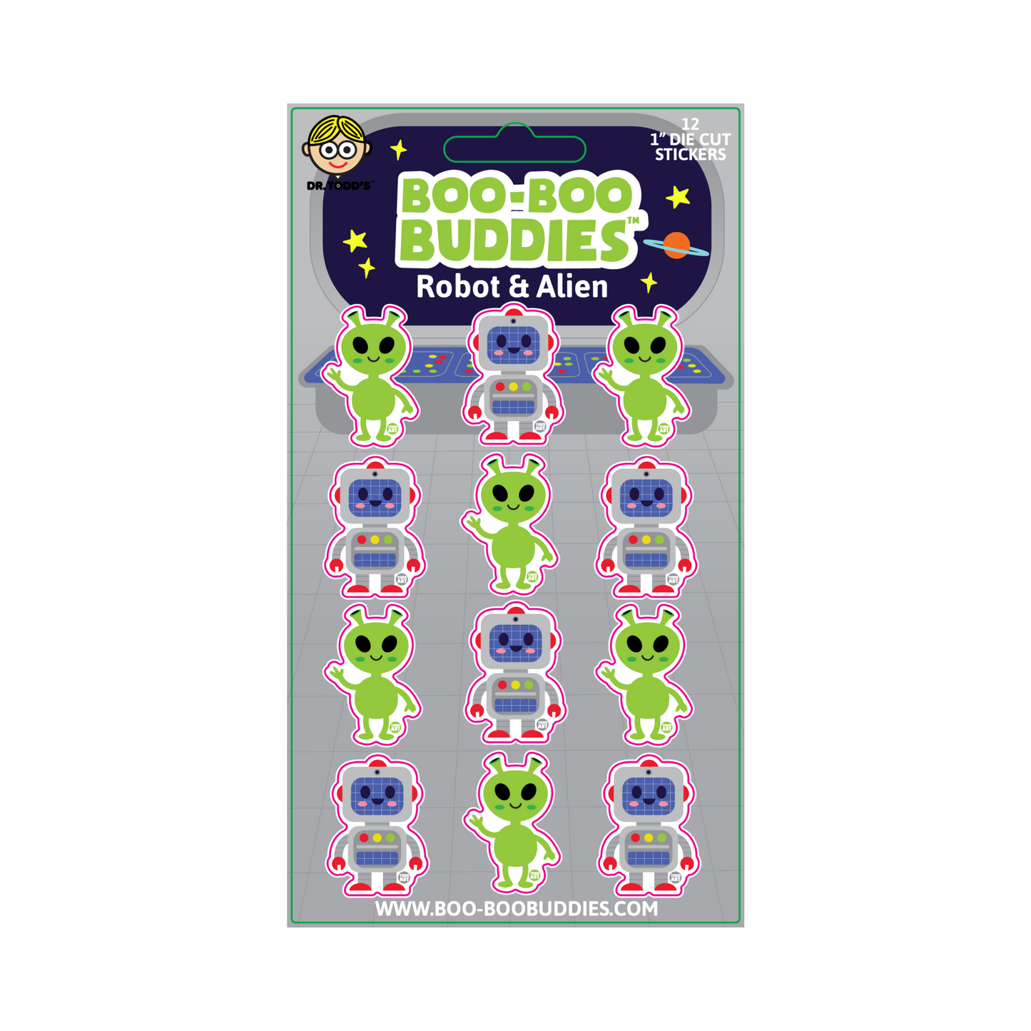 Boo-Boo Buddies® Robot and Alien Sticker Sheet with 12 fun 1-inch vinyl stickers featuring friendly green aliens and cute retro robots, perfect for decorating notebooks, party favors, and crafts