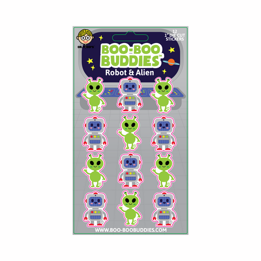 Boo-Boo Buddies® Robot and Alien Sticker Sheet with 12 fun 1-inch vinyl stickers featuring friendly green aliens and cute retro robots, perfect for decorating notebooks, party favors, and crafts