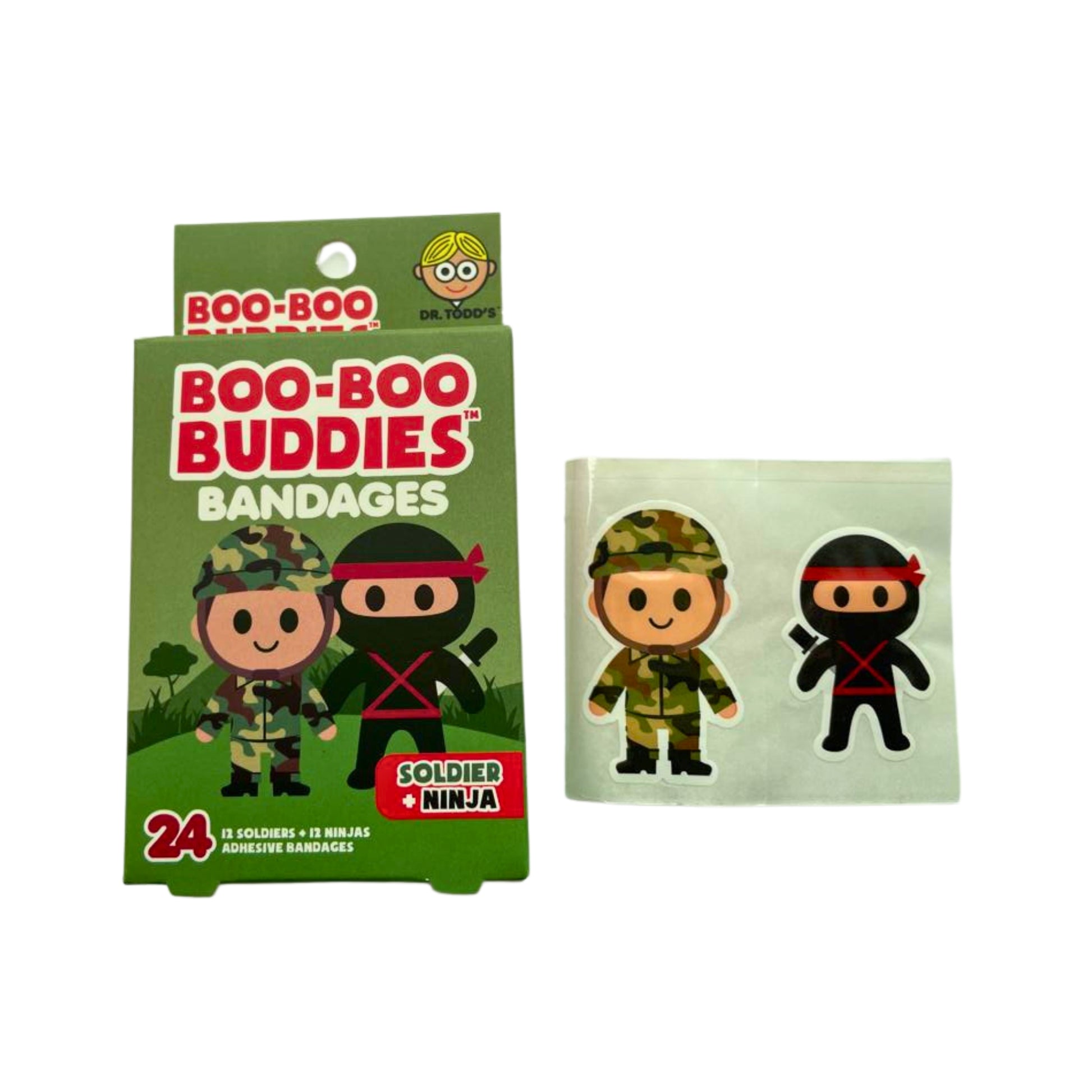 Dr. Todd’s Boo-Boo Buddies® Soldier and Ninja Bandages – 24-count action hero-themed bandages for kids