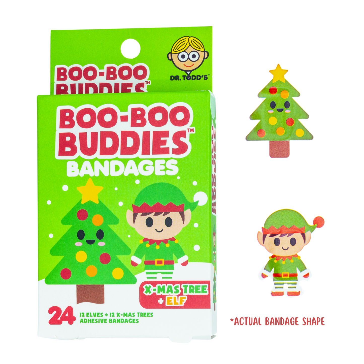 Dr. Todd’s Boo-Boo Buddies® X-Mas Tree and Elf Bandages – 24-count holiday-themed adhesive bandages for kids