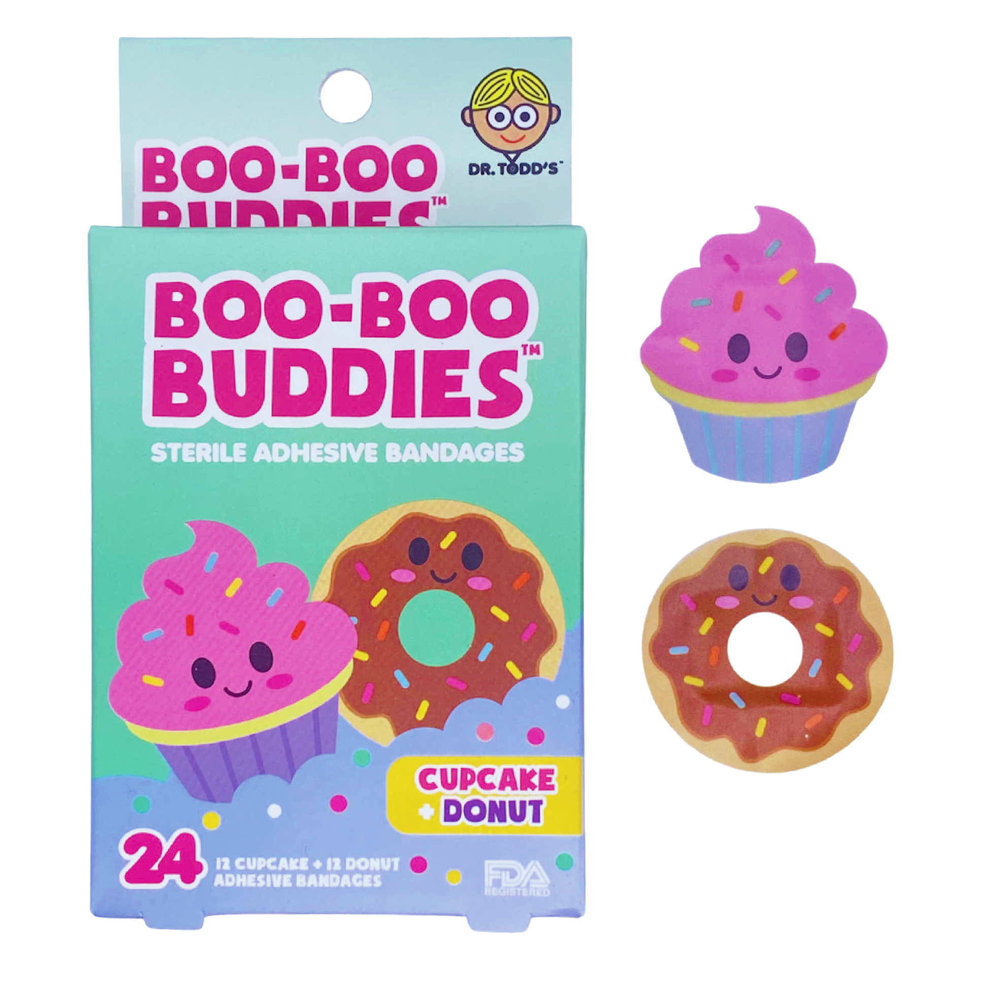 Pink Cupcake and brown donut with Sprinkles with eyes , moth and cheeks  shape bandages