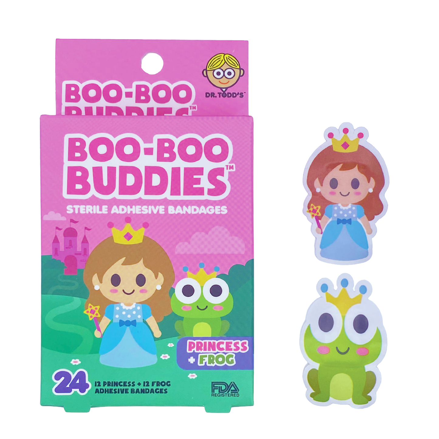 princess in blue long dress with tiara with pink diamonds and green frog with crown with blue diamond