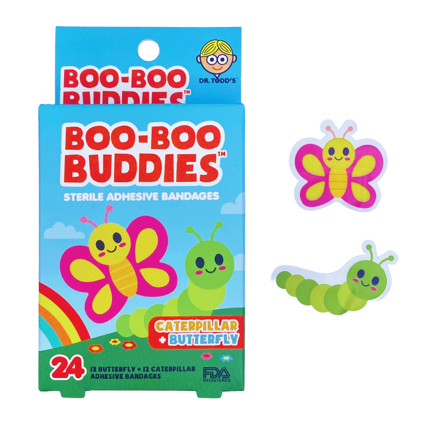 Caterpillar and butterfly-shaped bandages for kids by Dr. Todd’s Boo-Boo Buddies®, 24 count