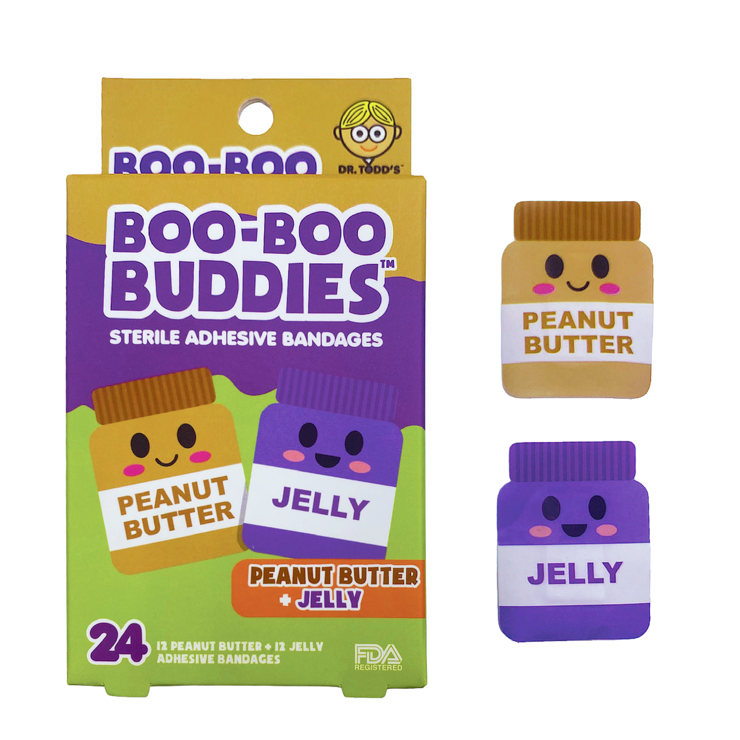 brown jar of peanut butter with penaut butter text and purple jar of jelly with jelly text with eyes mouth and cheeks