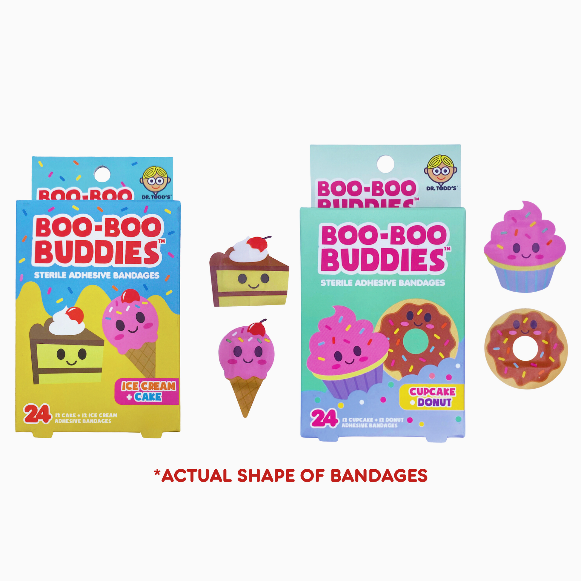 Ice Cream and Cake shaped kids adhesive bandages – Dr. Todd’s Boo-Boo Buddies® 
Cupcake and Donut shaped adhesive bandages for kids – Boo-Boo Buddies® fun bandage collection