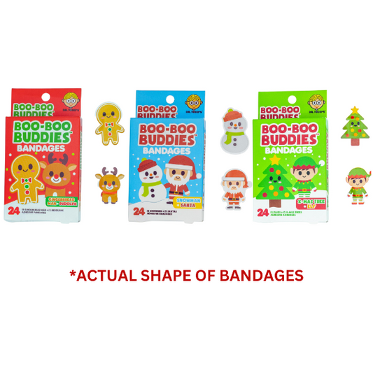 Three packages of holiday-themed bandages designed with characters such as gingerbread men, reindeer, Santa, snowman, and Christmas tree. Each package is labeled 'BOO-BOO BUDDIES BANDAGES' and indicates the number of bandages inside.