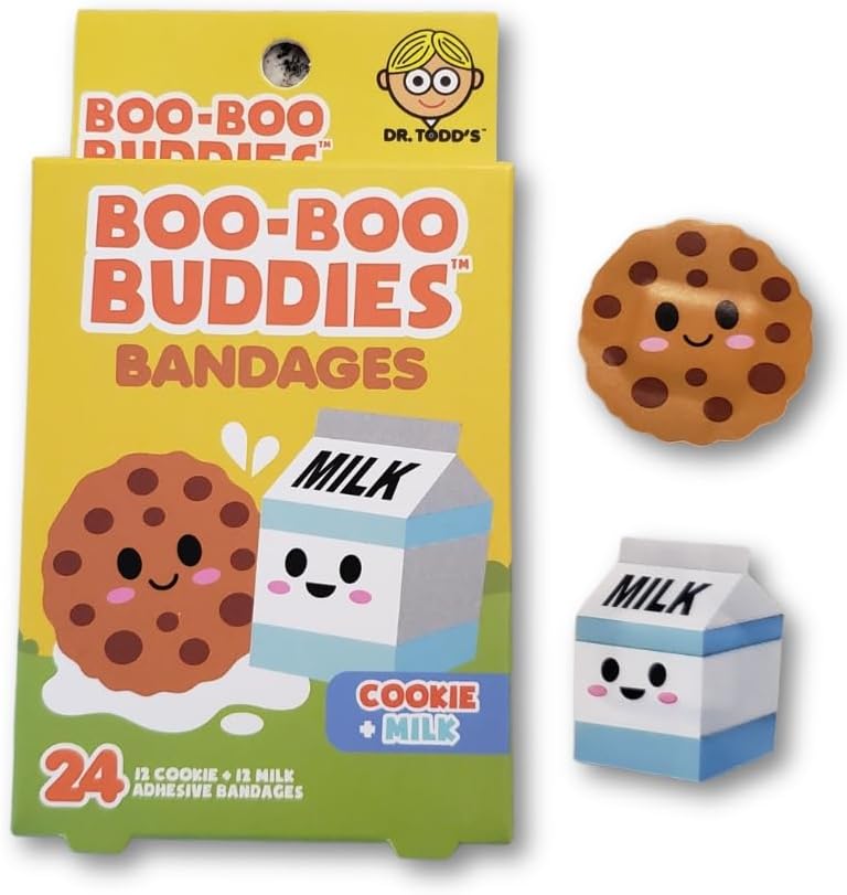 Boo Boo Buddies Cookie and Milk adhesive bandages, latex-free and sterile, perfect for kids' first aid kits.