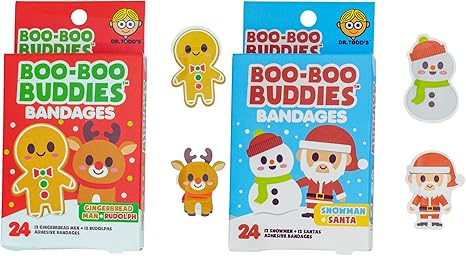 Holiday-Themed Bandages for Kids – 24-Pack Santa & Snowman and 24-Pack Gingerbread Man & Rudolf | Waterproof, Latex-Free, Fun Shapes for Sensitive Skin