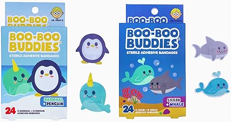 Boo Boo Buddies™ Shark + Whale and Narwhal + Penguin Bandages – 48 Ct | Fun, Waterproof, Latex-Free Bandages for Kids | First Aid Adhesive Bandages for Sensitive Skin | Cute Marine Animal Shapes