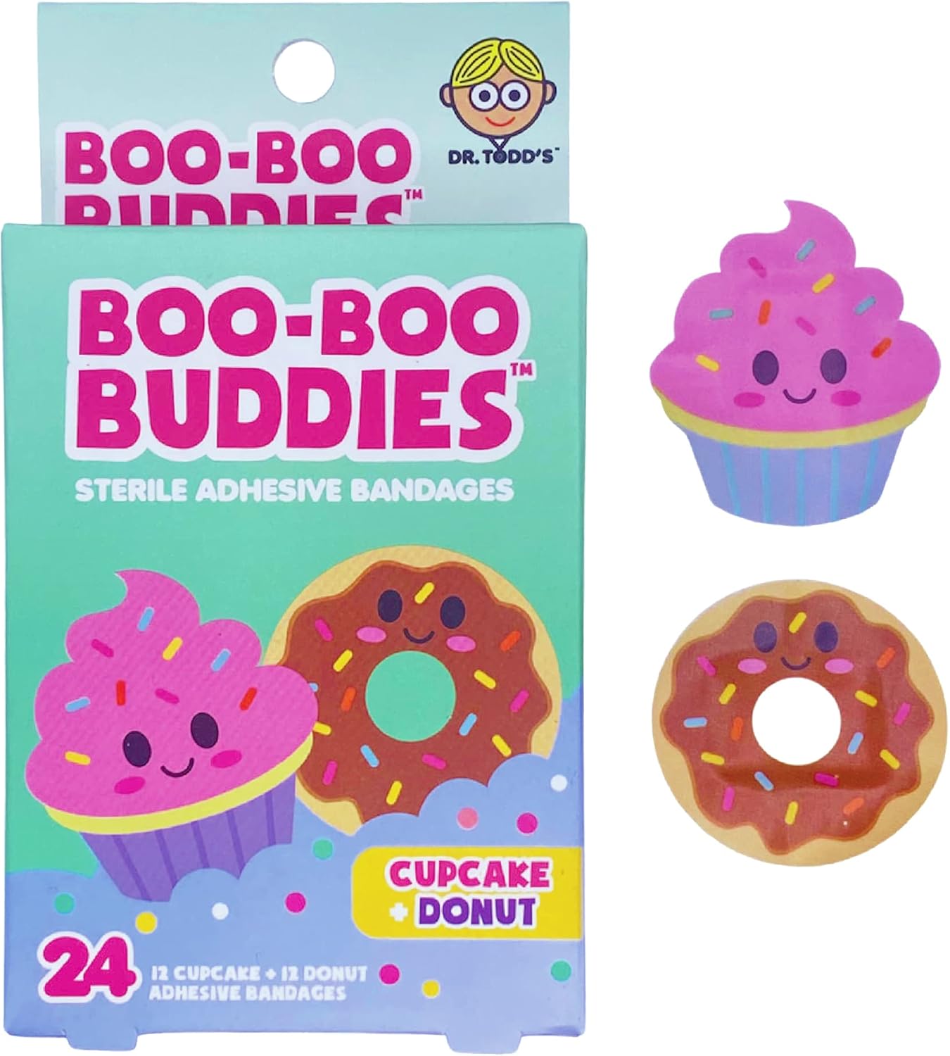 Boo Boo Buddies Cupcake and Donut bandages, bright and playful designs for kids, 24 count pack.