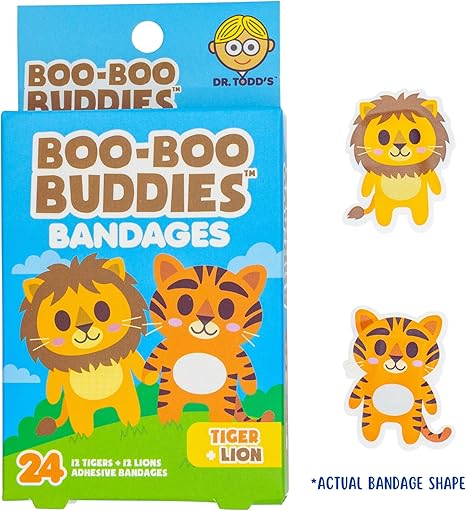 Boo Boo Buddies™ Animal Safari Bandages – 48 Ct | Elephant + Giraffe Shapes & Lion + Tiger Shapes | Latex-Free, Waterproof Bandages for Kids | Fun Shapes for First Aid Kits & Sensitive Skin