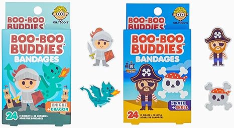 Boo Boo Buddies™ Knight & Dragon Bandages + Pirate & Skull Bandages - 48 Ct Each | Fun Shaped Kids Bandages | Latex-Free, Waterproof, Gentle on Skin | Perfect for First Aid Kits & Party Favors