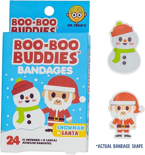 Holiday-Themed Bandages for Kids – 24-Pack Santa & Snowman and 24-Pack Gingerbread Man & Rudolf | Waterproof, Latex-Free, Fun Shapes for Sensitive Skin