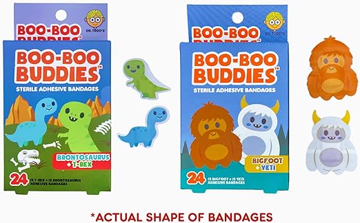 Boo Boo Buddie Bigfoot & Yeti + Dinosaur Bandages – 48 Count | Fun Kids Bandages | Latex-Free, Waterproof Adhesive for Sensitive Skin | First Aid