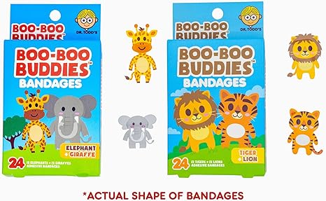 Boo Boo Buddies™ Animal Safari Bandages – 48 Ct | Elephant + Giraffe Shapes & Lion + Tiger Shapes | Latex-Free, Waterproof Bandages for Kids | Fun Shapes for First Aid Kits & Sensitive Skin