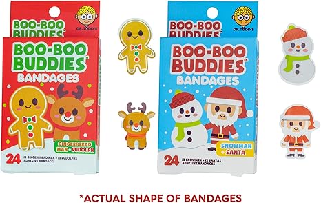 Holiday-Themed Bandages for Kids – 24-Pack Santa & Snowman and 24-Pack Gingerbread Man & Rudolf | Waterproof, Latex-Free, Fun Shapes for Sensitive Skin