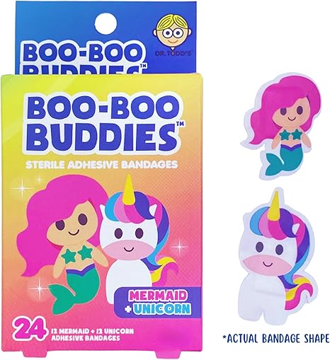 Boo Boo Buddies™ 24 Pack Mermaid & Unicorn Shape Bandages + 24 Pack Princess & Frog Shape Bandages – Fun, Latex-Free Kids Bandages for Cuts & Scrapes