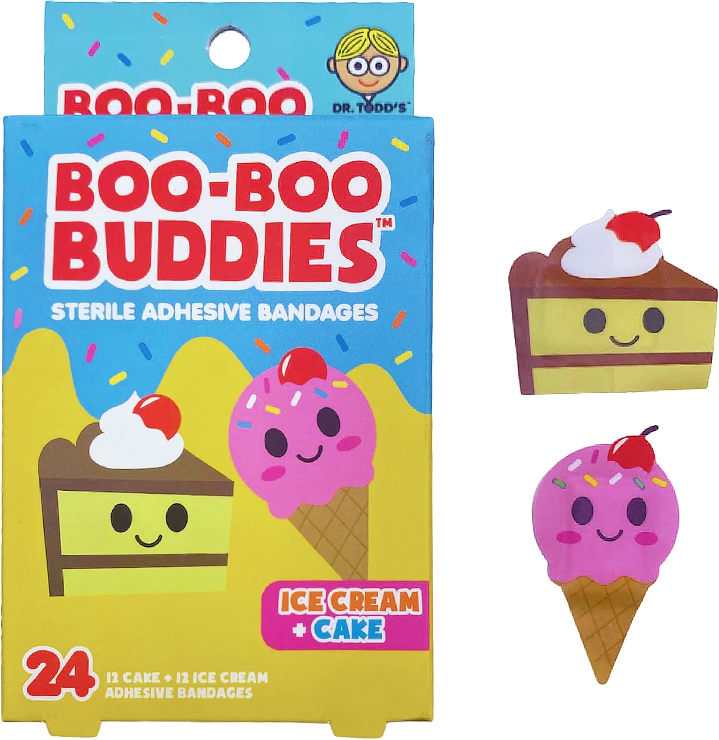 Boo Boo Buddies adhesive bandages, 24 count, featuring Ice Cream and Cake designs in a fun and colorful box.