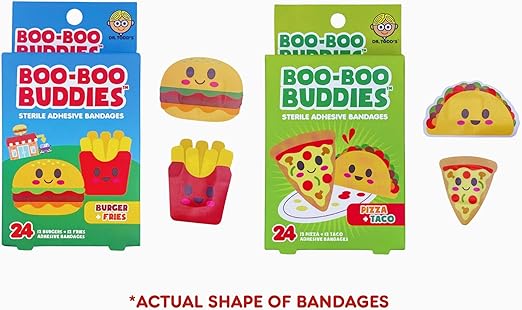 Boo Boo Buddie Kids Bandages – 48 Ct | Burger + Fries, Pizza + Taco Shape Bandages | Fun, Waterproof, Latex-Free, Sensitive Skin-Friendly First Aid for Kids