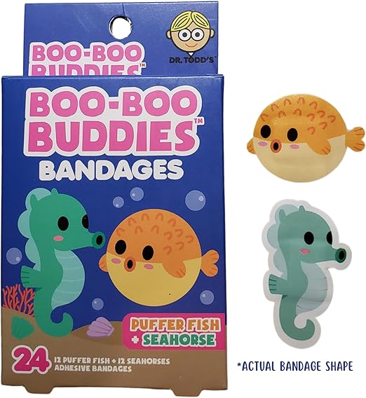 Boo Boo Buddies Lobster & Crab, Puffer Fish & Seahorse Shape Bandages - 48 Ct Waterproof, Kids Bandages for Sensitive Skin | Fun Ocean Animal Bandages for First Aid Kits | Latex-Free Adhesive Bandage