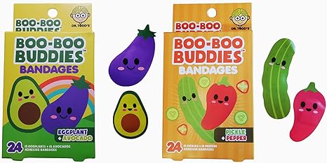 Boo Boo Buddies™ Eggplant + Avocado & Pepper + Pickle Shape Bandages Bundle – 48 Ct | Waterproof, Latex-Free Fun First Aid for Kids & Adults