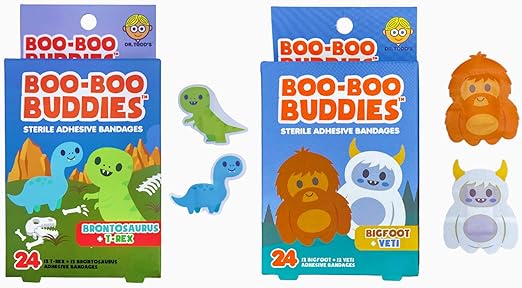 Boo Boo Buddie Bigfoot & Yeti + Dinosaur Bandages – 48 Count | Fun Kids Bandages | Latex-Free, Waterproof Adhesive for Sensitive Skin | First Aid