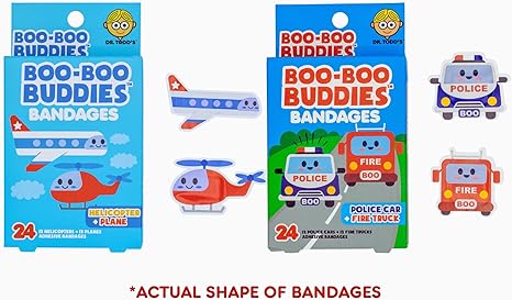 Helicopter & Plane + Police Car & Fire Truck Bandages Bundle – 48 Fun-Shaped, Waterproof, Latex-Free Bandages for Kids' First Aid Kits