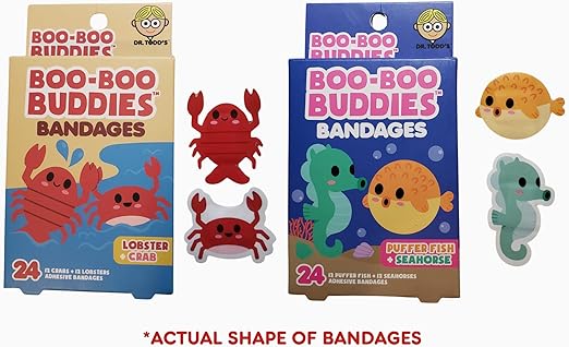 Boo Boo Buddies Lobster & Crab, Puffer Fish & Seahorse Shape Bandages - 48 Ct Waterproof, Kids Bandages for Sensitive Skin | Fun Ocean Animal Bandages for First Aid Kits | Latex-Free Adhesive Bandage