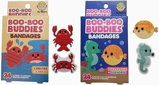 Boo Boo Buddies Lobster & Crab, Puffer Fish & Seahorse Shape Bandages - 48 Ct Waterproof, Kids Bandages for Sensitive Skin | Fun Ocean Animal Bandages for First Aid Kits | Latex-Free Adhesive Bandage