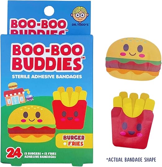 Boo Boo Buddie Kids Bandages – 48 Ct | Burger + Fries, Pizza + Taco Shape Bandages | Fun, Waterproof, Latex-Free, Sensitive Skin-Friendly First Aid for Kids