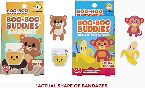 Boo Boo Buddies™ Honey & Bear and Monkey & Banana Bandages – 48 Ct | Waterproof, Latex-Free, Fun Kids Adhesive Bandages for First Aid, Party Favors, Sensitive Skin, and Playful Healing