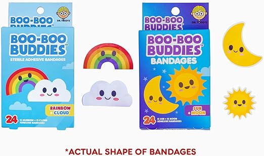 Boo Boo Buddie Rainbow & Cloud + Sun & Moon Shape Bandages – 48 Ct | Fun Adhesive Bandages for Kids | Waterproof, Latex-Free, First Aid Supplies for Sensitive Skin, Colorful Bandages for Children