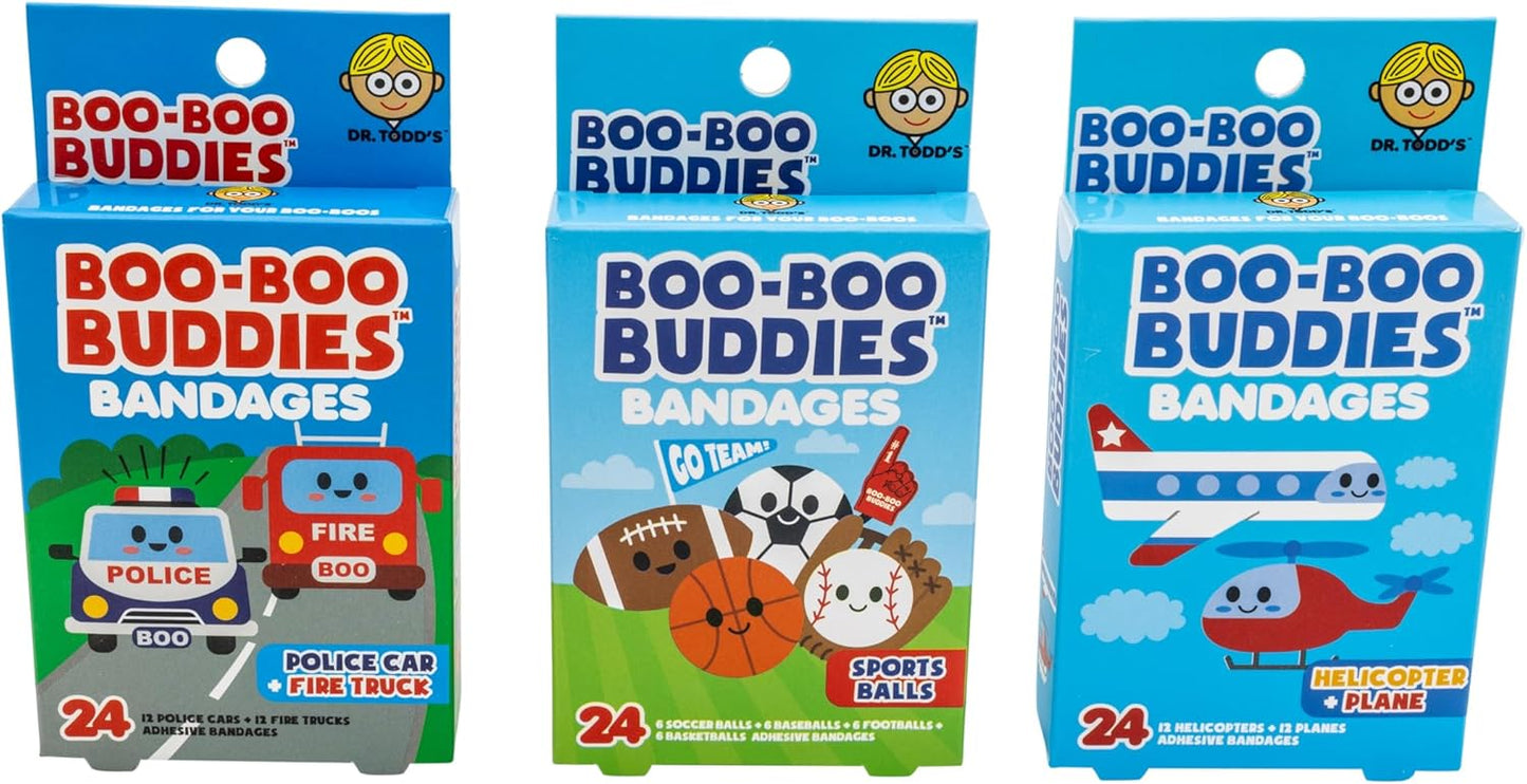 Boo Boo Buddies 3-Pack Bundle: Police Car & Fire Truck, Sports Balls, Plane & Helicopter Shape Bandages – Fun, Waterproof, Latex-Free Bandages for Kids' First Aid Kits, Stocking Stuffers & Birthdays