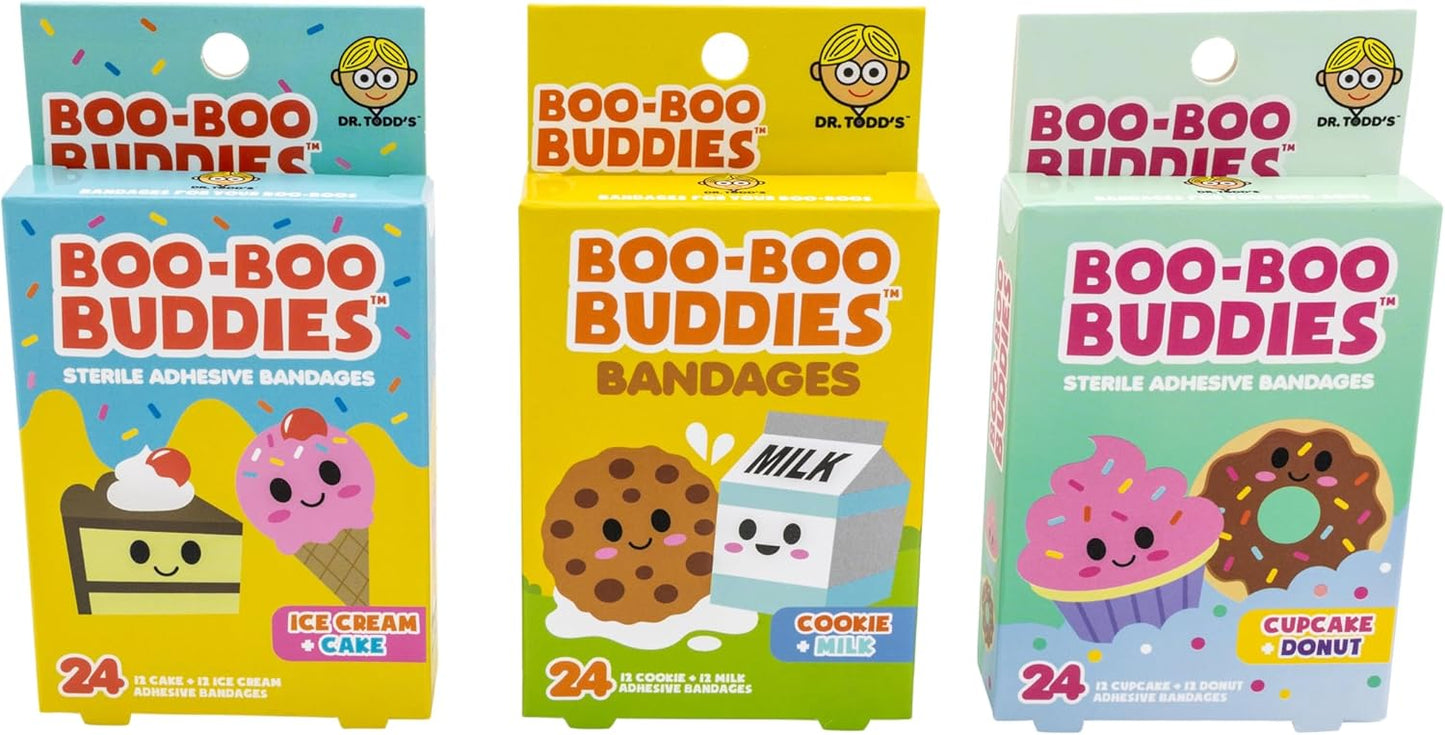 Boo Boo Buddies bandages featuring three colorful boxes: Ice Cream + Cake, Cookie + Milk, and Cupcake + Donut designs. Each box contains 24 latex-free, sterile adhesive bandages for kids with fun, sweet treat themes.