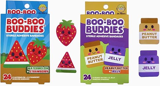 Boo Boo Buddies Kids Bandages – Watermelon + Strawberry, Peanut Butter + Jelly Shapes | 24 Count Each | Waterproof, Latex-Free Adhesive Bandages for Sensitive Skin, First Aid Kit, Party Favors, Stock