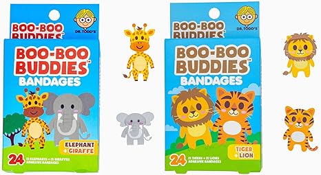 Boo Boo Buddies™ Animal Safari Bandages – 48 Ct | Elephant + Giraffe Shapes & Lion + Tiger Shapes | Latex-Free, Waterproof Bandages for Kids | Fun Shapes for First Aid Kits & Sensitive Skin