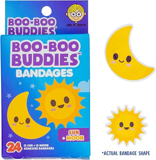 Boo Boo Buddie Rainbow & Cloud + Sun & Moon Shape Bandages – 48 Ct | Fun Adhesive Bandages for Kids | Waterproof, Latex-Free, First Aid Supplies for Sensitive Skin, Colorful Bandages for Children