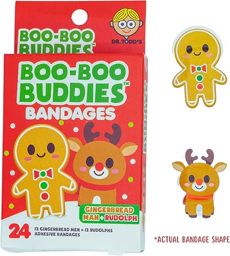 Holiday-Themed Bandages for Kids – 24-Pack Santa & Snowman and 24-Pack Gingerbread Man & Rudolf | Waterproof, Latex-Free, Fun Shapes for Sensitive Skin