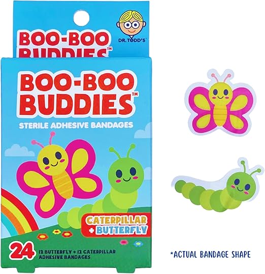 Boo Boo Buddies Caterpillar & Butterfly + Ladybug & Bee Bandages – 48 Ct | Fun Shapes, Latex-Free, Waterproof for Kids’ First Aid Kits & Sensitive Skin