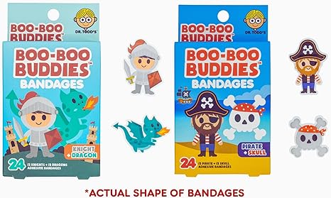 Boo Boo Buddies™ Knight & Dragon Bandages + Pirate & Skull Bandages - 48 Ct Each | Fun Shaped Kids Bandages | Latex-Free, Waterproof, Gentle on Skin | Perfect for First Aid Kits & Party Favors