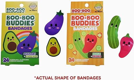 Boo Boo Buddies™ Eggplant + Avocado & Pepper + Pickle Shape Bandages Bundle – 48 Ct | Waterproof, Latex-Free Fun First Aid for Kids & Adults