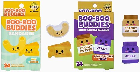 Boo Boo Buddies™ Mac + Cheese and Peanut Butter + Jelly Bandages – 48Ct | Fun Food-Shaped Adhesive Bandages for Kids & Adults | Latex-Free, Waterproof, and Hypoallergenic First Aid Bandages for Sensi