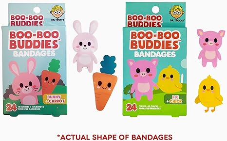 Boo Boo Buddies Kids Bandages – Bunny & Carrot, Pig & Chick Shapes, 48 Ct | Latex-Free, Waterproof Bandages for Sensitive Skin | Fun First Aid for Children | Individually Wrapped