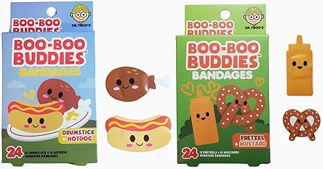 Boo Boo Buddies™ Drumstick + Hot Dog and Pretzel + Mustard Bandages | 48 Ct  | Food-Themed Adhesive Bandages for Kids | Waterproof, Latex-Free, Sensitive Skin Safe | Fun First Aid for Cuts & Scrap