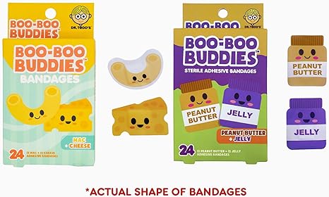 Boo Boo Buddies™ Mac + Cheese and Peanut Butter + Jelly Bandages – 48Ct | Fun Food-Shaped Adhesive Bandages for Kids & Adults | Latex-Free, Waterproof, and Hypoallergenic First Aid Bandages for Sensi