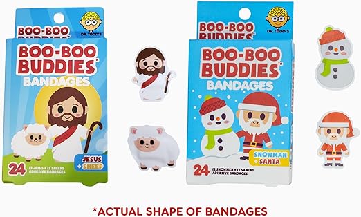 Boo Boo Buddies Jesus & Sheep and Santa & Snowman Bandages – 48 Ct | Festive Holiday Shapes for Kids, Latex-Free, Waterproof, Gentle on Sensitive Skin, Perfect for Stocking Stuffers & First Aid Kits