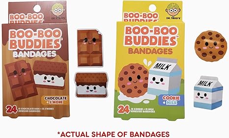 Boo Boo Buddies™ Chocolate & S'Mores + Cookie & Milk Bandages – 24 Ct Each | Fun Food-Shaped Bandages for Kids | Latex-Free, Waterproof, Sensitive Skin First Aid Supplies