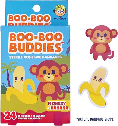 Boo Boo Buddies™ Honey & Bear and Monkey & Banana Bandages – 48 Ct | Waterproof, Latex-Free, Fun Kids Adhesive Bandages for First Aid, Party Favors, Sensitive Skin, and Playful Healing